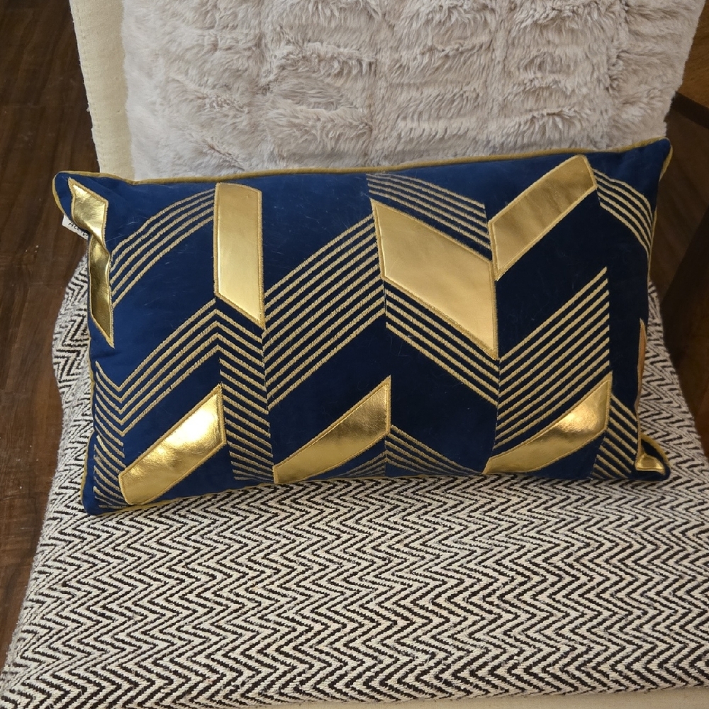 Elegant Chevron Accent Pillow in Blue and Gold